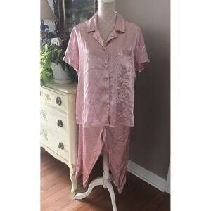 Vtg Secret Treasures Satin Pajama Set Red White Stripe Crop Pant Size XL